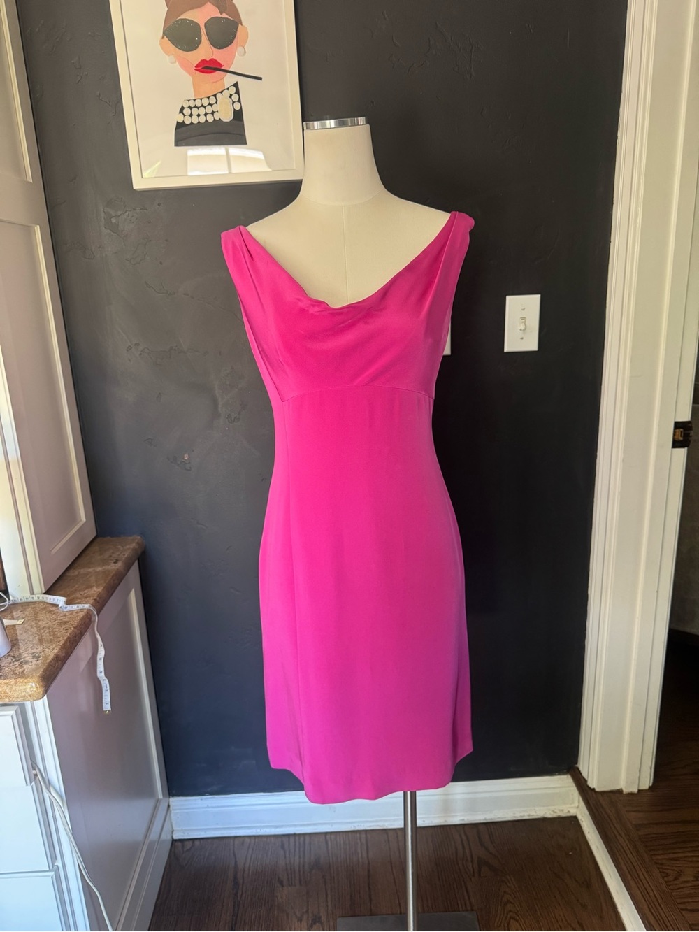 Vera Wang Vibrant Fuchsia Cowl Neck Midi Dress